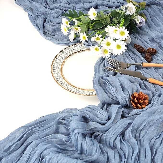 6 Pack Dusty Blue Table Runner 10ft Boho Gauze Fabric Cheesecloth Table Runner 35 x 120 Inch Rustic Sheer Runner for Wedding Decor Baby Shower Party Table Centerpiece Decorations