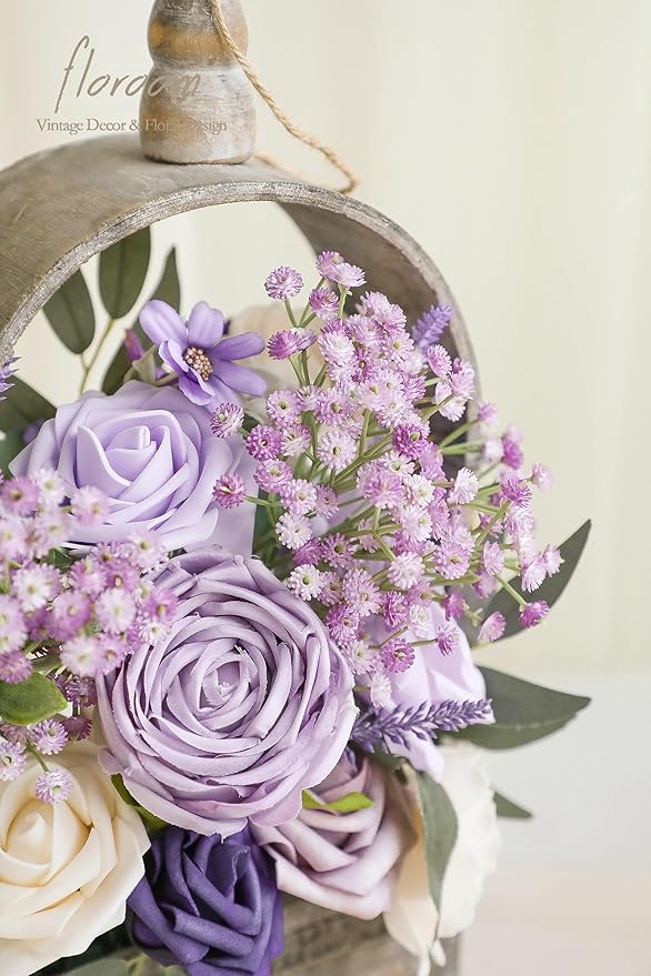 Floroom Lilac Lavender Artificial Flowers Fake Roses Peony and Greenery Combo Box Set for DIY Purple Wedding Bouquets Bridal Shower Centerpieces Floral Arrangements Party Tables Home Decorations
