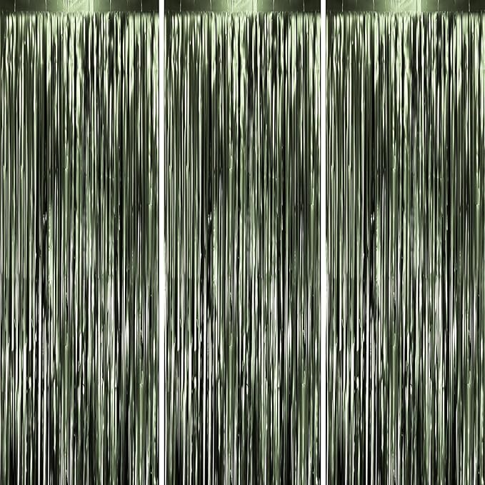3 Pack 3.3 x 8.2 ft Matte Green Foil Fringe Backdrop Curtains, Tinsel Streamers Party Decorations, Fringe Backdrop, Door Shimmer for Graduation, Birthday Party