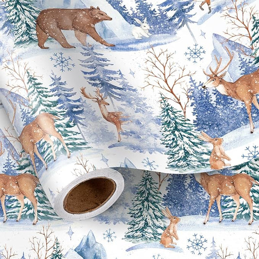 LeZakaa Christmas Wrapping Paper Roll, Winter Forest Animal Gift Wrap with Deer Bear Rabbit Snowflake Design, Watercolor Style, for Xmas Presents Family Gatherings, Holiday, Mini Roll 17 in x 16.4 Ft