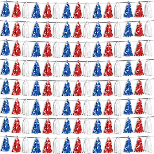 8P Red Blue White Foil Fringe Metallic Tassel Streamers Banner Tassel Garland for Parade Floats, Bachelorette, Wedding, Birthday, Halloween, Christmas, Bridal/Baby Shower Party Decorations