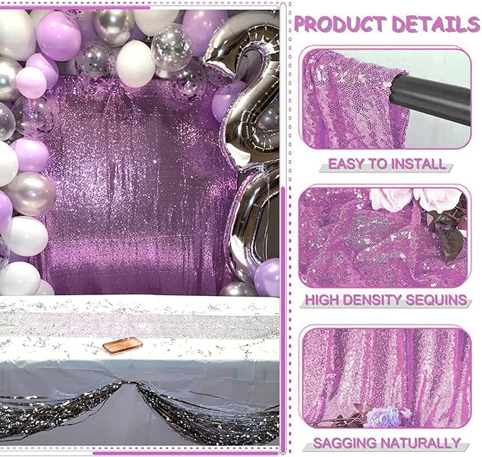 Lavender Sequin Backdrop Curtains 2FTx8FT 4 Panels Lilac Glitter Curtains Photo Background for Parties Wedding Baby Shower