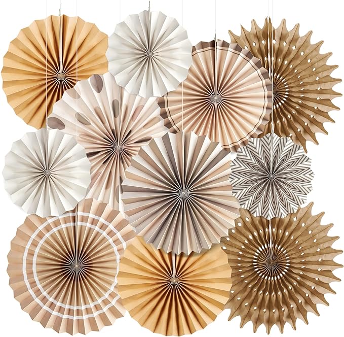 Boho Hanging Paper Fans White Brown Champagne Party Decorations Neutral Rustic Paper Fans Classroom Decoration for Baby Shower Birthday Wedding Bridal Party