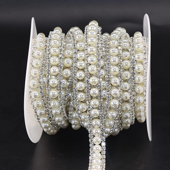 Jerler Rhinestone Trim Applique 5 Yards 2 Rows Crystal Chain Banding Diamond Inlaid White Pearl Beaded Rhinestones for Crafts Clothing and Bridal Embellishments Wedding Ideas Christmas Decorations