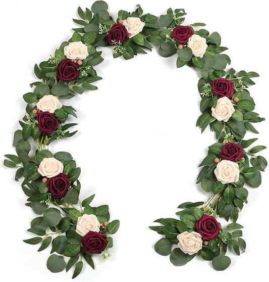 ponatia 6.5FT Handcrafted Artificial Rose Flower Garland, Eucalyptus Greenery Garland for Wedding Ceremony Garlands Backdrop Arch Flowers, Reception Table Decorations (Burgundy & Ivory Cream)