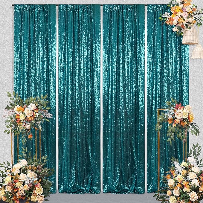 Juya Delight Teal Sequin Backdrop Curtain,4PCS 2FTx8ft Glitter Backdrop Curtain for Party,Birthday,Christmas Wedding Decoration,