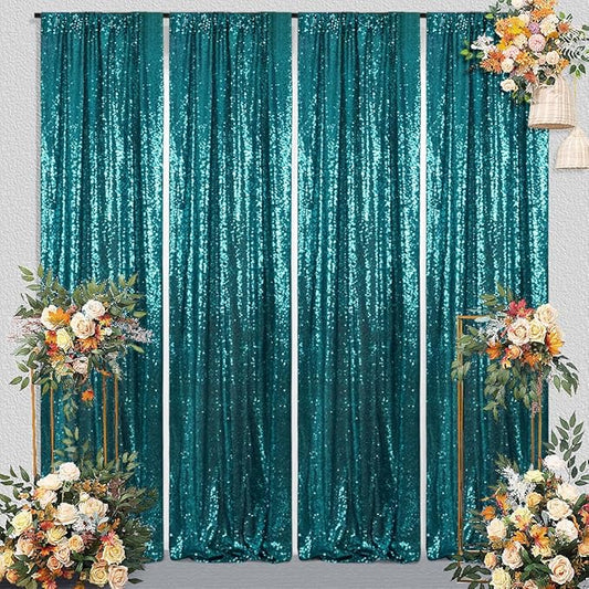 Juya Delight Teal Sequin Backdrop Curtain,4PCS 2FTx8ft Glitter Backdrop Curtain for Party,Birthday,Christmas Wedding Decoration,