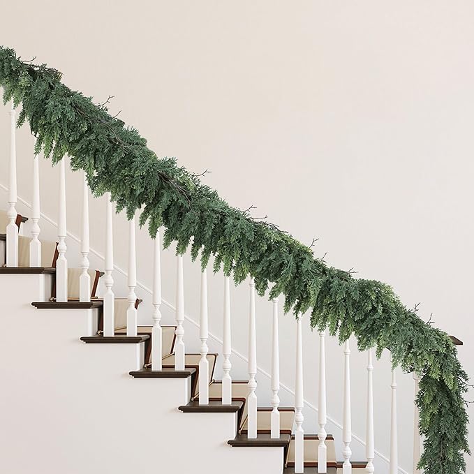 Realistic Christmas Garland for Mantle 16FT Real Touch Thick/Lush Artificial Cedar Garlands Christmas Decorations Indoor Christmas Garland for Stairs Railing Outdoor Table Holiday Decor Greenery