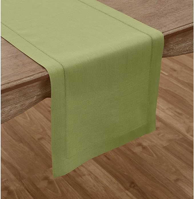 Solino Home Linen Moss Green Table Runner 72 Inches Long - 100% Pure Linen Hemstitch Table Runner 14 x 72 Inch for Dresser, Dining, Fall, Autumn, Halloween, Thanksgiving - Classic Hemstitch