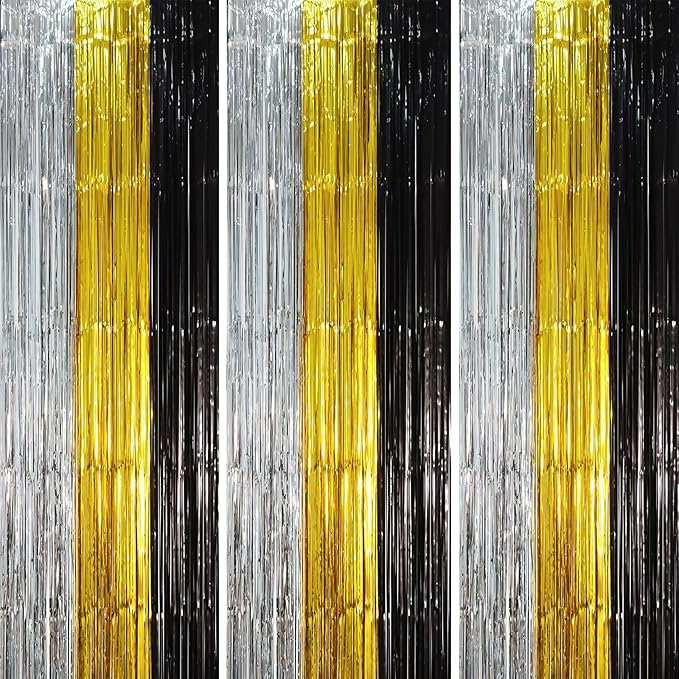 3 Pack 3.3 x 8.2 ft Black Gold Silver Foil Fringe Backdrop Curtains, Tinsel Streamers Party Decorations, Fringe Backdrop, Door Shimmer for New Years or Birthday Party