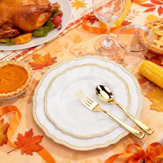 Hioasis 60pcs Gold Plastic Plates - White and Gold Disposable Dinnerware with Gold Rim, Heavy-duty, 7.5 inch, Dessert Plates for Party & Thanksgiving