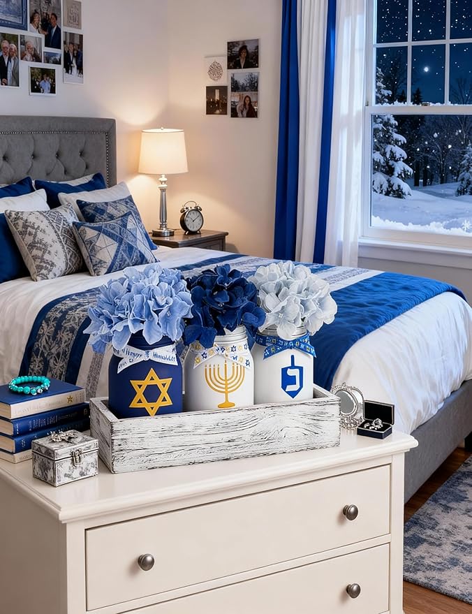Hanukkah Decorations for Home, Chanukah Table Decor with Mason Jars, Hydrangea, Wood Tray, Hanukkah Gifts Table Centerpieces, 25 Pcs Chanukah Decorations Indoor for Living Room Bedroom