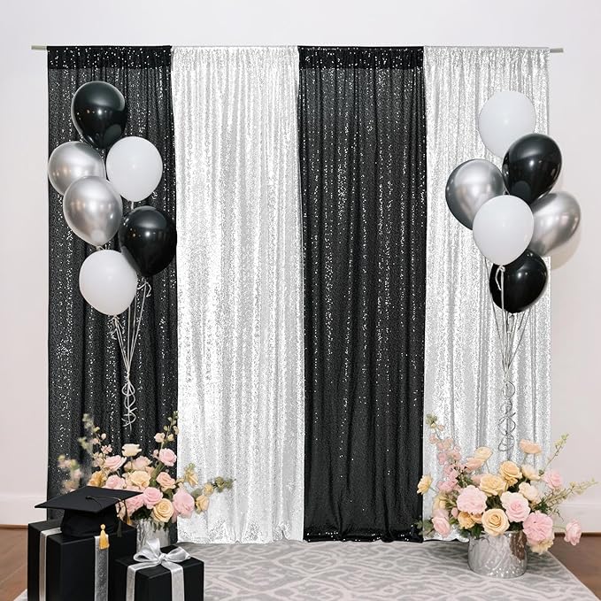 Eternal Beauty Black and Silver Backdrop 4 PCS-2x8 Ft Sequin Curtain Panels for Christmas Party, Birthday