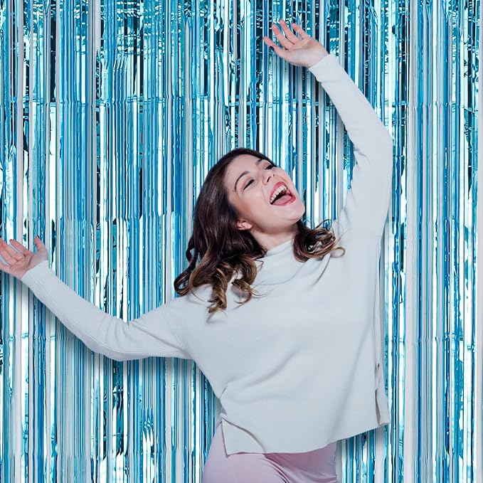 3 Pack 3.3x8.2 Feet Light Blue Foil Fringe Backdrop Curtains, Tinsel Streamers Birthday Party Decorations, Fringe Backdrop for Graduation, Baby Shower, Gender Reveal, Disco Party
