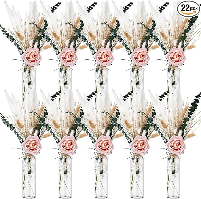 10 Set Dried Pampas Grass Centerpiece for Wedding 10 Clear Glass Jars 10 Artificial Roses 80 Dried Pampas Grass with Rope for Baby Shower Rustic Bridal Party Farmhouse Decoration(Pink)