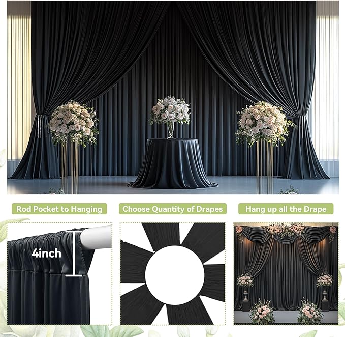 PartyVillage 10ft×15ft Black Backdrop Curtain for Halloween Parties, 2 Panels Wrinkle Free 15 FT Long Polyester Photo Backdrop Drapes Back Drop Cloth for Birthday Photography Background