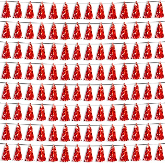 8P Red Foil Fringe Metallic Tassel Streamers Banner Tassel Garland for Parade Floats, Bachelorette, Wedding, Birthday, Halloween, Christmas, Bridal/Baby Shower Party Decorations