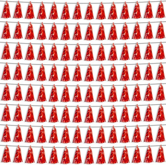 8P Red Foil Fringe Metallic Tassel Streamers Banner Tassel Garland for Parade Floats, Bachelorette, Wedding, Birthday, Halloween, Christmas, Bridal/Baby Shower Party Decorations