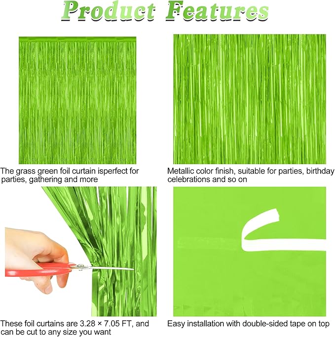 2 Pack Backdrop Curtains, 3.28 Feet x 7.05 Feet Grass Green Fringe Curtains, Metallic Tinsel Backdrop Foil Curtains Streamer, Party Supplies Party Decorations Photo Props