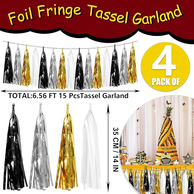 4P Black Gold Silver Foil Fringe Tassel Banner Garland Metallic Tinsel Streamers Wall Hanging Curtain Backdrop Banner for Parade Floats, 2024 Graduation Decorations, New Years Decorations, Father' Day