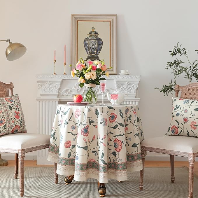 ISAENNE Designer Chinoiserie Linen Floral Small Round Tablecloth,White Wrinkle Resistant Table Cloth,Elegant Decor Tablecloths for Dining Thanksgiving Kitchen Christmas,Diameter 55"-Daffy