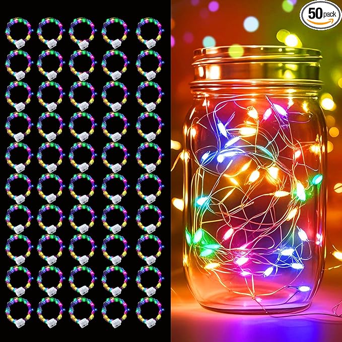 pozzolanas 50 Pack Multicolor Battery Operated String Lights - 7ft Waterproof Fairy Lights with 20 LEDs for Home, Mason Jar, Party, Wedding, Halloween, Christmas Decorations