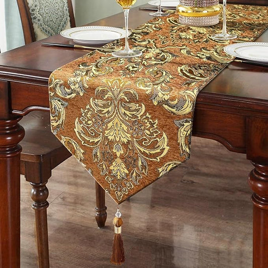 Table Runners 72 inches Long Jacquard European Classic Floral Beige Vintage Chenille - Caramel