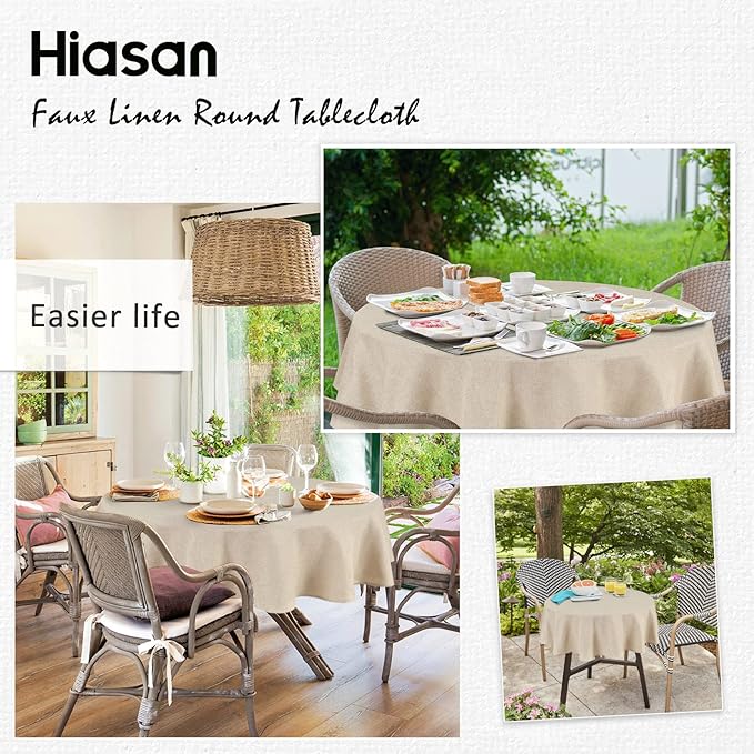 Hiasan Round Linen Tablecloth 50 Inch - Wrinkle and Stain Resistant Washable Polyester Fabric Table Cloth for Dining Room Kitchen Party, Beige