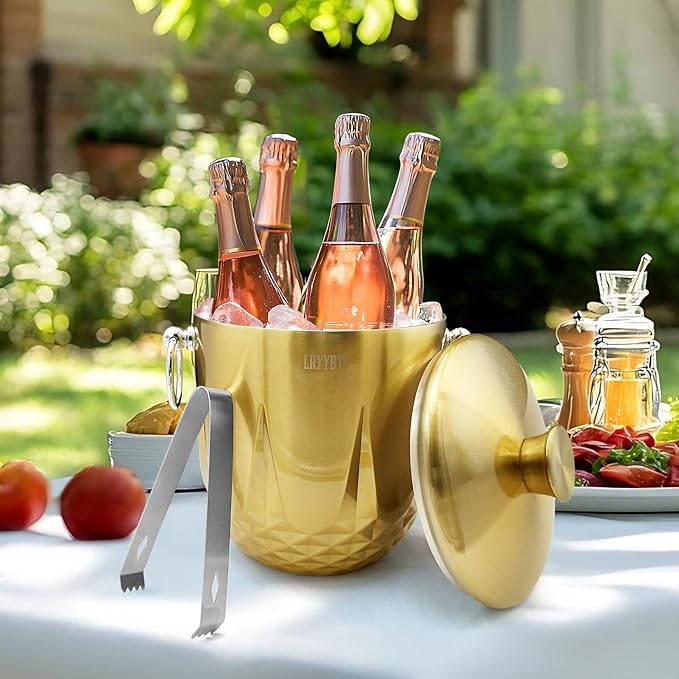 Ice Buckets for Parties with Lid,Tongs and Strainer (3L/Gold) Double Wall Stainless Steel Ice Bucket Keeps Frozen Longer,Ideal Perfect for Parties, Cocktail bar, Chilling Wine, Champagne