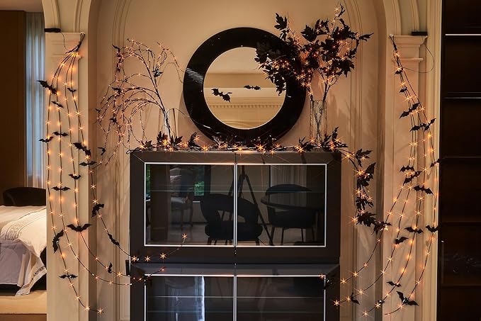 LITBLOOM Black Tree Branches with Lights 32IN Battery Operated with Timer, Lighted Halloween Maple Branches with 120 Orange and Warm White LED Lights for Fireplace Table Halloween Decoration