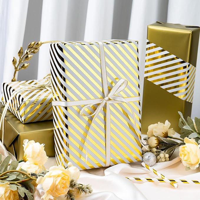 Burymento Platinum Stripe Wrapping Paper, Reversible Gold Gift Wrap for Birthday, Valentines, Mothers day, Graduation, Wedding, Fathers day, Baby Shower, Christmas (17in x 32.8ft)