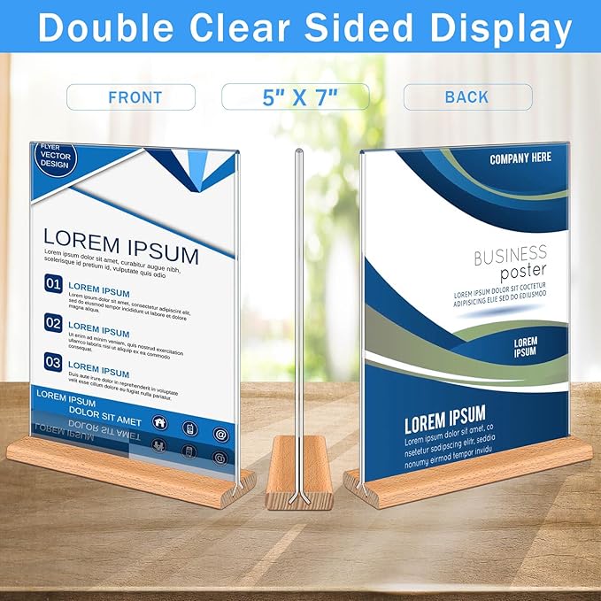 Kersally Acrylic Sign Holder 5 x 7, 6 Pack Double-Sided Clear Table Display Stands with Wood Base,Vertical Acrylic Frame Menu Flyer Paper Holder for Stores, Restaurants, Hotels, Office, Show Fair