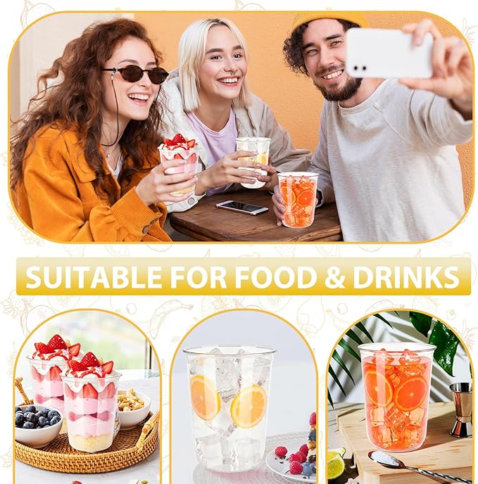 60 Pcs Disposable Stemless Clear Glasses 16 oz NATURAL Arc Crystal Plastic wine glasses Clear Classic Pet Cup for Meeting Weddings Birthdays Cocktail Christmas Party Supplies