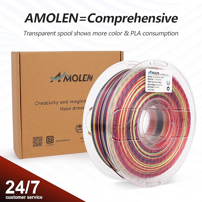 AMOLEN Silk PLA 3D Printer Filament, Shiny Multicolor Rainbow PLA Filament 1.75mm, Fast Color Change PLA 3D Printing Filament for Most FDM 3D Printer, Black Red Yellow, 1kg (2.2lbs)