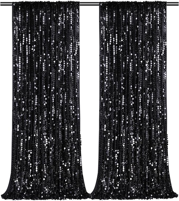 Black Big Payette Sequin Backdrop - 2 Pieces 4ftx8ft Birthday Party Reception Photo Booth Backdrop Curtains Drapes Fabric