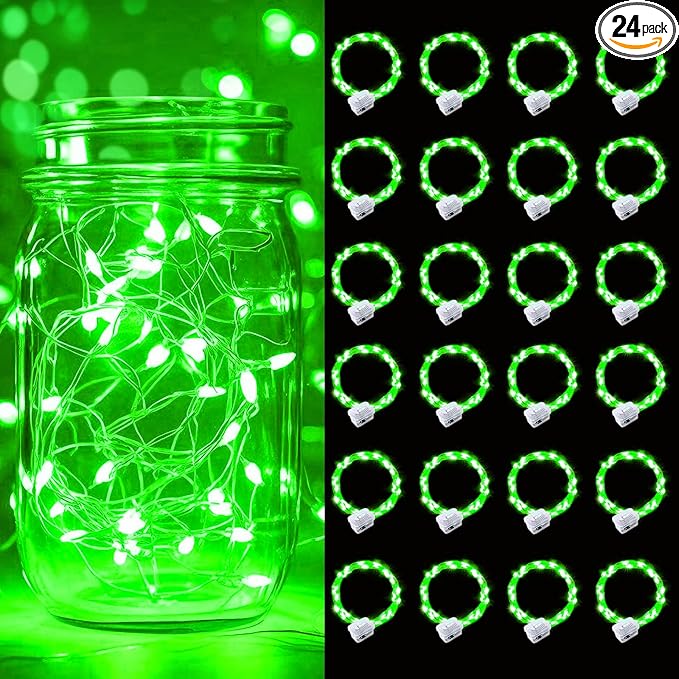 pozzolanas 24 Pack Green Battery Operated String Lights - 7ft Waterproof Fairy Lights with 20 LEDs for Home, Mason Jar, Party, Wedding, Halloween, Christmas Decorations