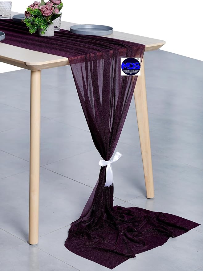 MDS Halloween Chiffon Table Runner - 15 Pack, 29 x 120 Inches, 10ft Each - Sheer Spooky Table Runners for Haunted House Parties, Trick-or-Treat Tables, Witchy Décor, Wedding & Events - Eggplant