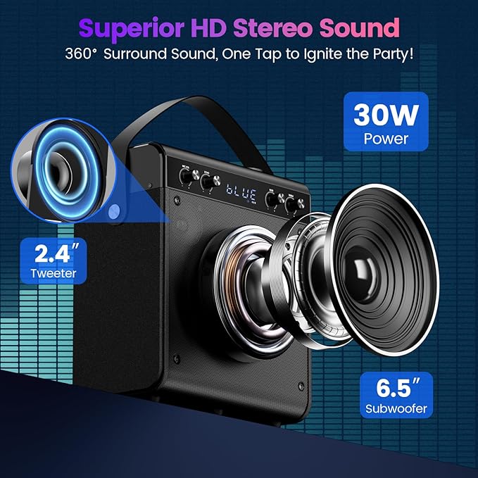 Karaoke Machine, Portable Bluetooth Speaker with 2 Wireless Microphones for Adults & Kids - PA System, LED Lights, Bass/Treble Control, AUX/USB/TF/FM for Home Party Outdoor Singing