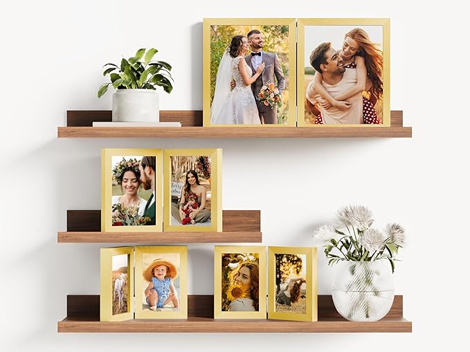 decorUhome Double 4x6 Picture Frame Vertical, Engineered Wood Bifold Photo Frame with Plexiglass for Tabletop Display, 4x6, Gold