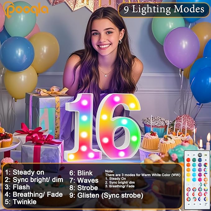 Pooqla 80th Birthday Decoration fors Her Him, 35 Colors LED Light Up Numbers with Remote, Multicolor Marquee Numbers 80 Sign for Party Backdrop 80th Birthday Gift, Lighted Number 80