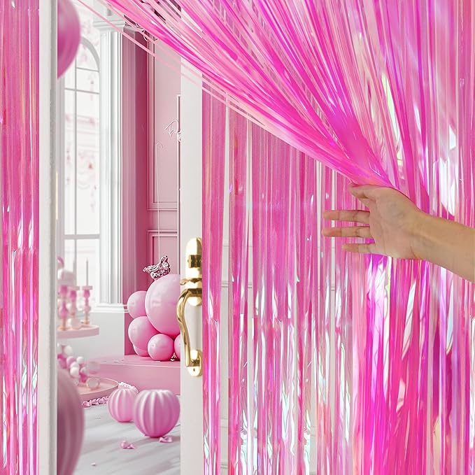 2 Pack Hot Pink Iridescent Streamers Backdrop, 3.3x6.6ft Foil Fringe Curtains Holographic Door Tinsel Streamers Photo Booth Prop for Birthday, Wedding, Holiday, Bachelorette, Theme Party Decorations