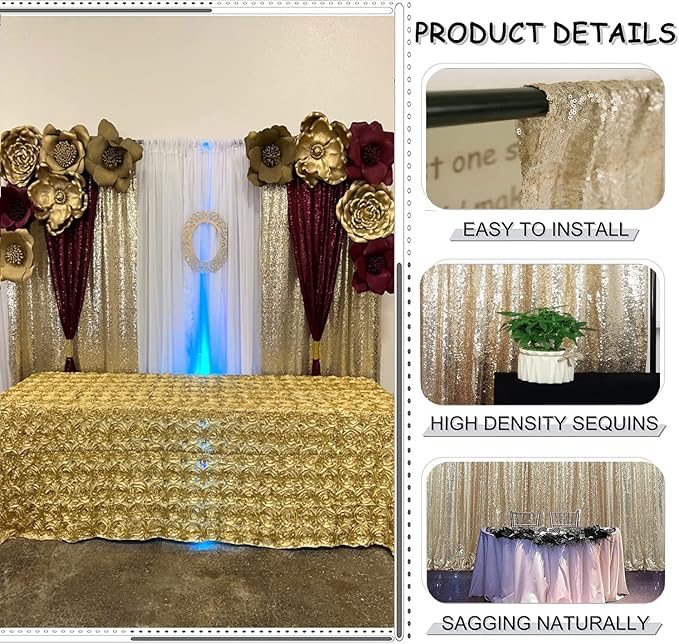 Champagne Sequin Backdrop 8FTx8FT 1 Panel Sparkle Metal Backdrop Curtain Glitter Background Drape for Weddings Showers Parties Photography Birthday