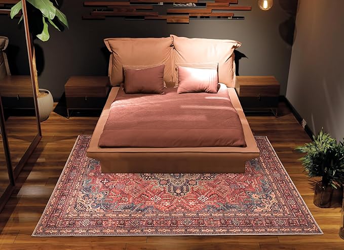 Bloom Rugs Washable Non-Slip 3' x 5' Rug - Red/Teal Blue/Yellow Traditional Medallion Area Rug for Living Room, Bedroom, Dining Room, and Kitchen - Exact Size: 3' x 5'