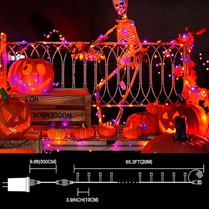 LAMPHOME 66ft Halloween Decorative Mini Lights, 200 LED Transparent Wire Fairy Starry String Lights Plug in, 12 Lighting Modes, for Halloween Decoration Outdoor Party Decoration (Orange and Purple)