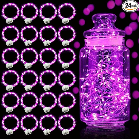 Aogist 24 Pack Fairy Lights 3 Modes 7ft 20 LED Waterproof,Battery Operated Silver Wire Firefly Starry Moon Mini String Lights for Mason Jars Christmas DIY Crafts Wedding Party Bedroom,Pink