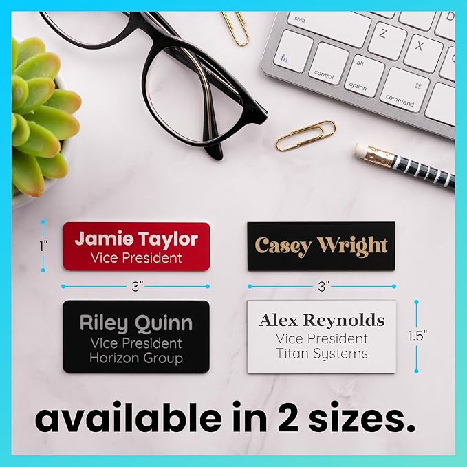 ExcelMark Custom Name Tag - Engraved Name Badge with Pin or Magnetic Backing, 16 Colors, 6 Fonts, and 2 Sizes to Choose from (Black w/Silver Letters, 1"x 3")
