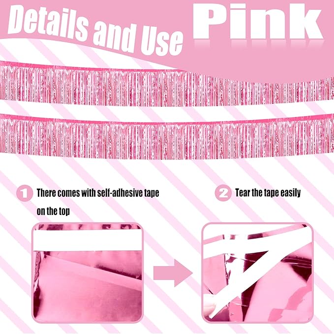 6 Pack 10 Feet Foil Fringe Garland Metallic Tinsel Streamers Banner Wall Hanging Curtain Backdrop Banner for Parade Floats, Thanksgiving, Christmas, Birthday, Halloween Party Decorations(Pink)