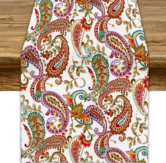 Colorful Paisley Table Runner, Boho Vintage Pink Red Teal Floral Leaves Print Table Runner for Home Kitchen Dining Table Holiday Party Decor, 13x120inch