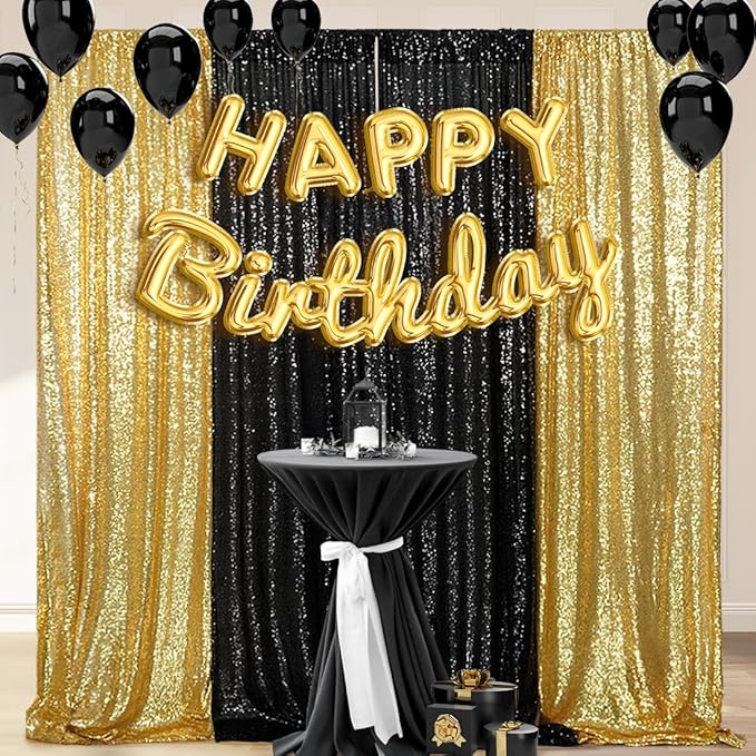 4 Panels Black&Gold Sequin Backdrop Curtain 2FTx8FT Glitter Sequin Backdrop Curtains for Birthday Party Wedding Decoration