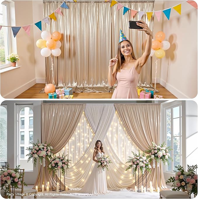 PartyVillage 10x10FT Champagne Gold Sequin Backdrop Curtain -2 Panels 5x10FT Wrinkle Free Shimmer Back Drop Cloth, Glitter Backdrop Drapes for Photography, Birthday, Wedding, Graduation Background